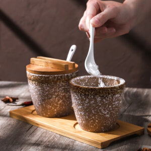 Retro Ceramic Seasoning Jars Wooden Tray Spice Jars